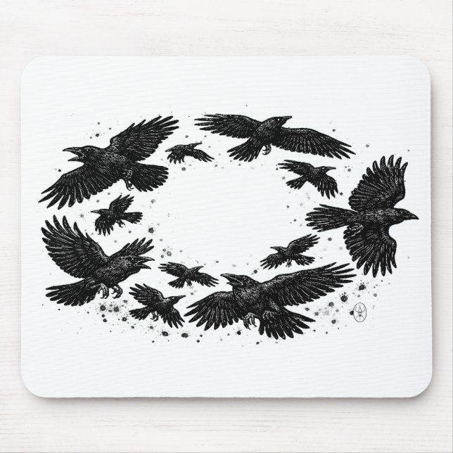 Circle of Ravens – Haunted Ink Illustration Mouse Mat (Front)