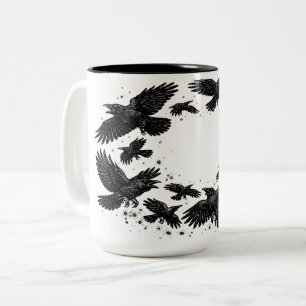 Circle of Ravens – Haunted Ink Illustration Two-Tone Coffee Mug