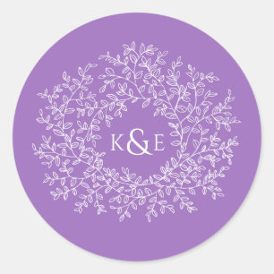 Circle of white art leaves wedding purple monogram classic round sticker