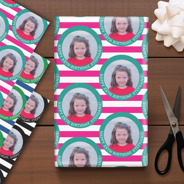 Circle One Photo Happy Birthday Greeting - Stripes Wrapping Paper Sheet (Custom Photo Wrapping Paper)