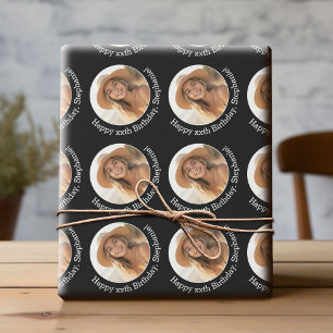 Circle One Photo with Birthday Greeting - Black Wrapping Paper
