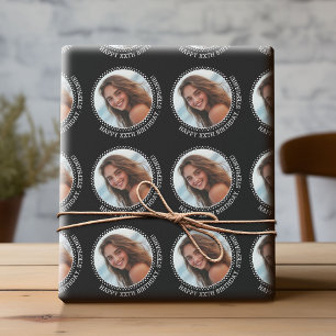Circle One Photo with Birthday Greeting - Black Wrapping Paper