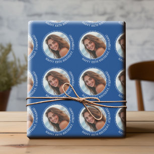 Circle One Photo with Birthday Greeting - Blue Wrapping Paper