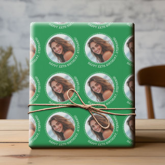Circle One Photo with Birthday Greeting - Green Wrapping Paper