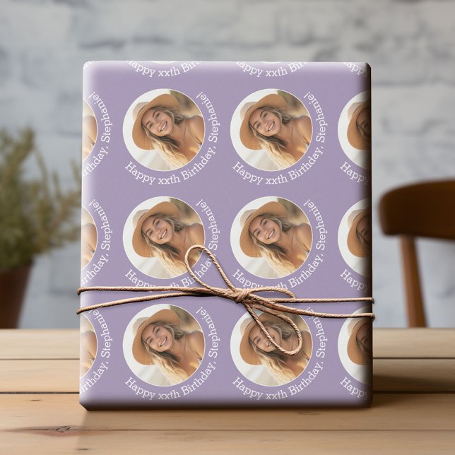 Circle One Photo with Birthday Greeting - Lilac Wrapping Paper (Custom Birthday Wrapping Paper with Photo)
