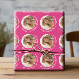 Circle One Photo with Birthday Greeting Magenta Wrapping Paper