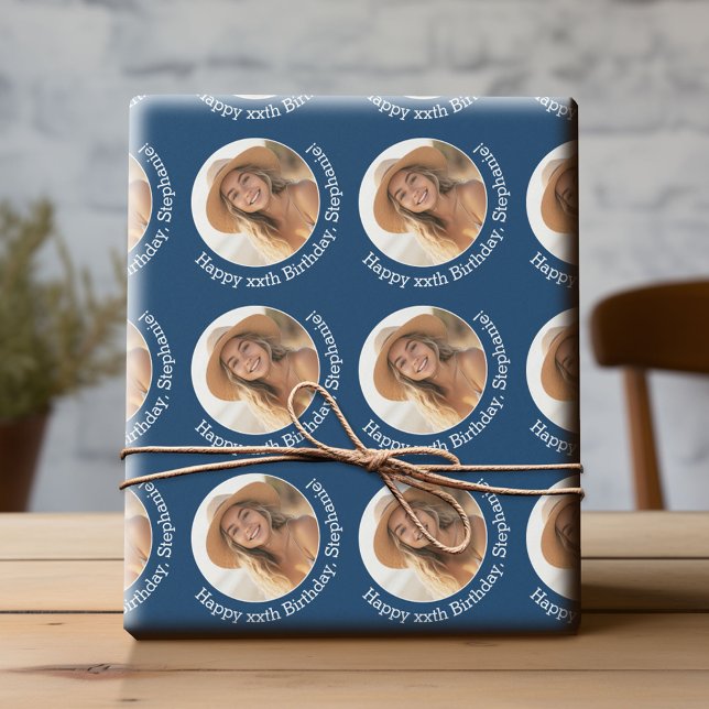Circle One Photo with Birthday Greeting - Navy Wrapping Paper (Custom Birthday Wrapping Paper with Photo)