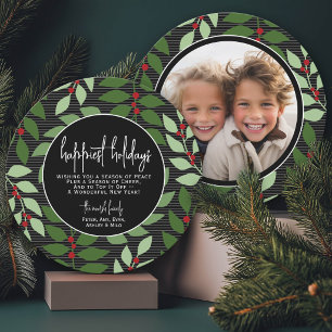 Circle Photo Back - Black Green Botanical Happiest Holiday Card