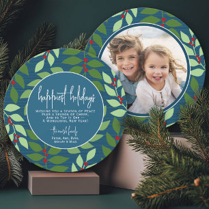 Circle Photo Back - Blue Green Botanical Happiest Holiday Card