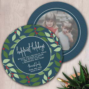 Circle Photo Back - Blue Green Botanical Happiest Holiday Card