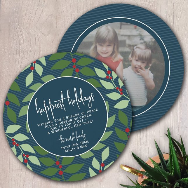 Circle Photo Back - Blue Green Botanical Happiest Holiday Card (Creator Uploaded)