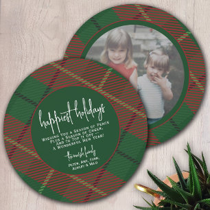 Circle Photo Back - Red Green Plaid - Happiest Hol Holiday Card
