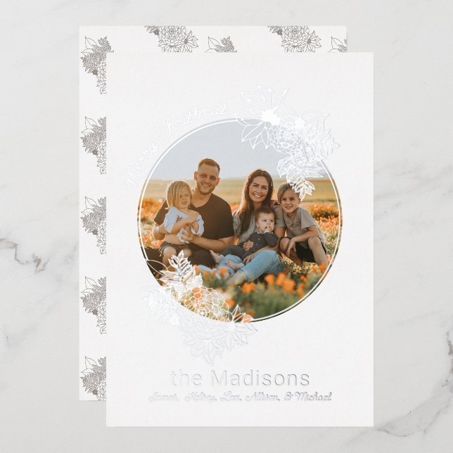 Circle Photo Flower Frame Christmas Foil Holiday Card (Front/Back)