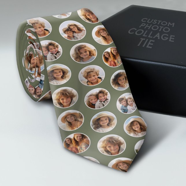 Circle Photo Pattern - 12 Pictures - sage green Tie (Photo Collage Neck Tie - Add Your Favorite Photos)