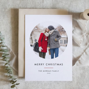 Circle Photo Red Minimalist Merry Christmas Holiday Card