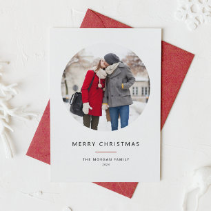 Circle Photo Red Minimalist Merry Christmas  Holiday Card