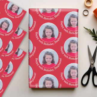 Circle Photo with Birthday Greeting Red Background Wrapping Paper Sheet