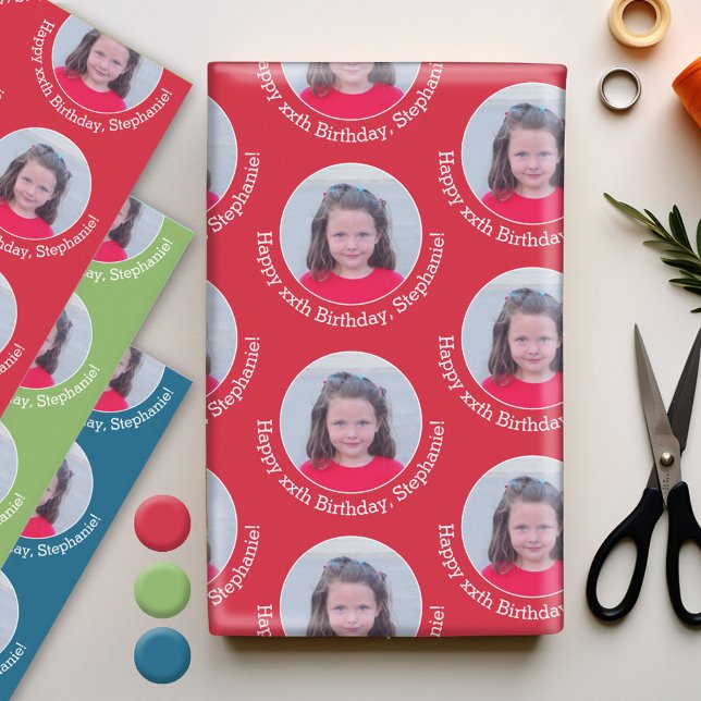 Circle Photo with Birthday Greeting Red Blue Green Wrapping Paper Sheet (Custom Photo Wrapping Paper)