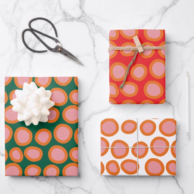  Circle Polka Dot Print Pattern Orange and Pink Wrapping Paper Sheet (Front)