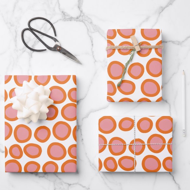  Circle Polka Dot Print Pattern Orange and Pink Wrapping Paper Sheet (Front)