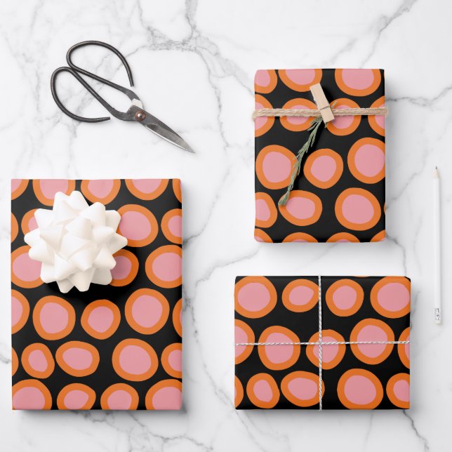  Circle Polka Dot Print Pattern Orange and Pink Wrapping Paper Sheet (Front)