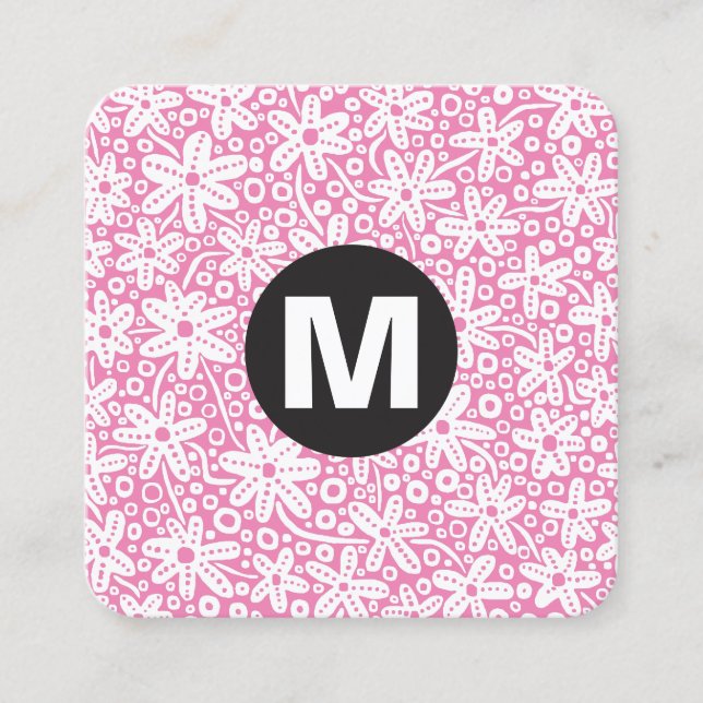 Circle Spot Monogram - Flowers - Pink #EF84B4 Square Business Card (Front)