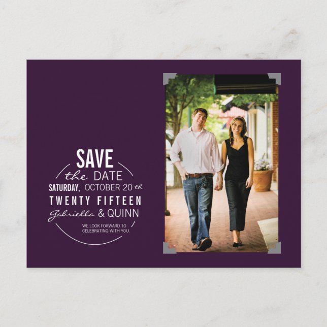 Circle Text & Photo Purple Save the Date Postcard (Front)