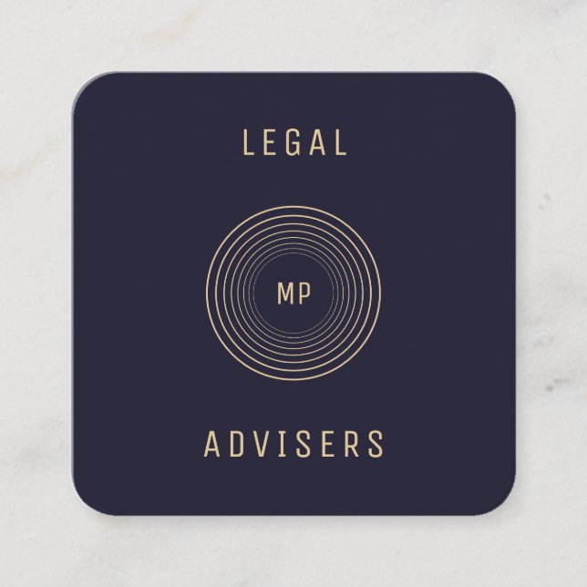Circled monogram navy gold legal adviser services square business card (Front)
