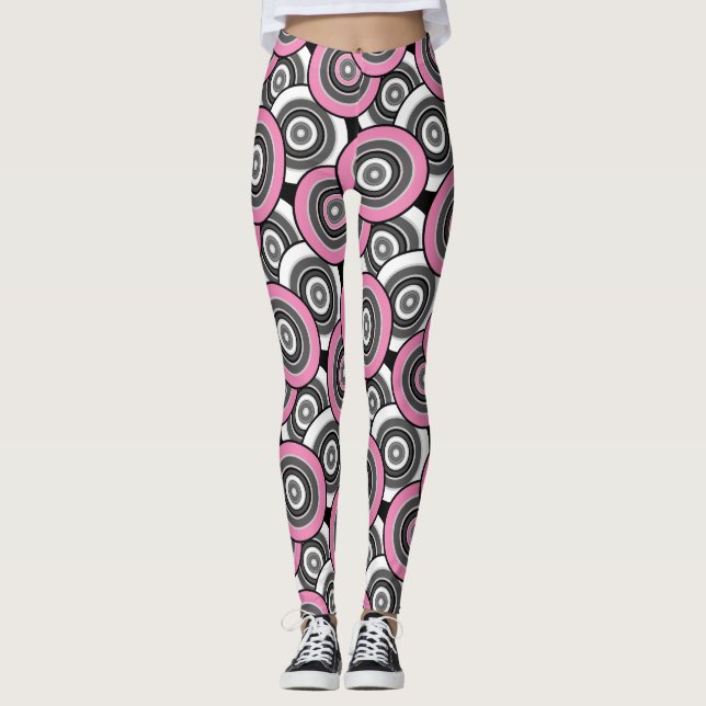 Circles and rings geometric black and white patter leggings (Front)