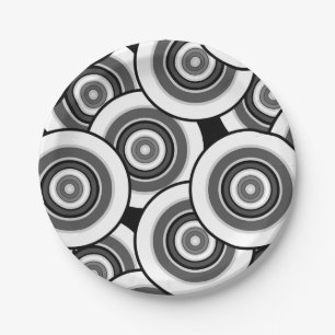 Circles and rings geometric black and white patter paper plate