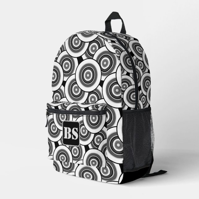 Circles and rings geometric black and white patter printed backpack (Back Corner Right)