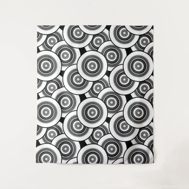 Circles and rings geometric black and white patter tapestry (Front)