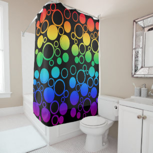 Circles, Bubbles, Rainbow colours, black backgroun Shower Curtain
