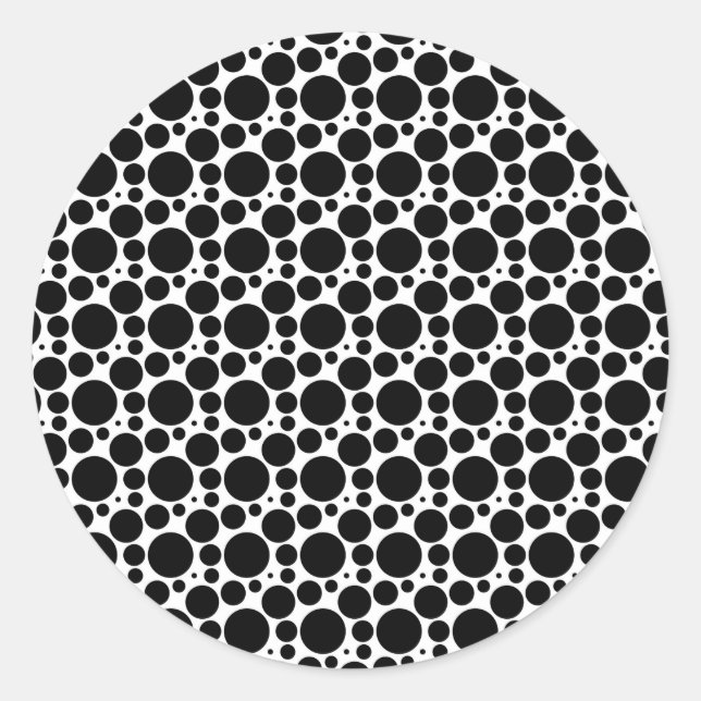 Circles & Dots in 7 Sizes: Repeating Black & White Classic Round Sticker (Front)