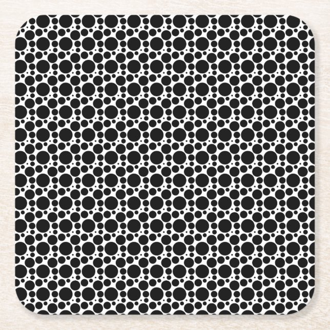 Circles & Dots in 7 Sizes: Repeating Black & White Square Paper Coaster (Front)