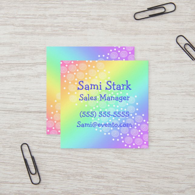 Circles Dots Rainbow Square Business Cards (Front/Back In Situ)