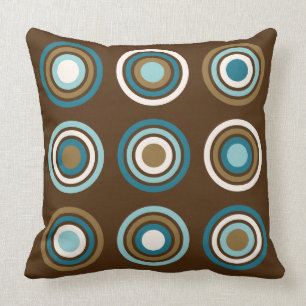 Circles in Rings Teals Cream Gold on Brown Cushion