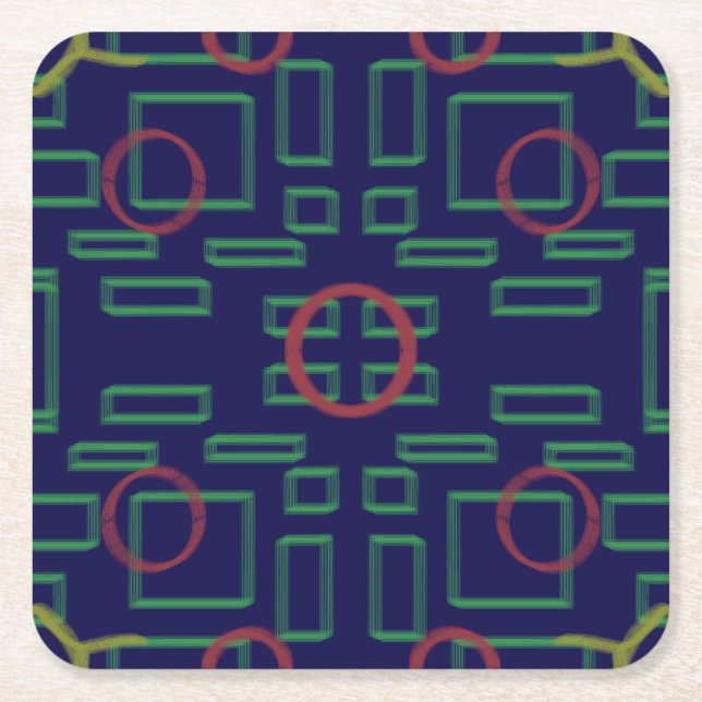 Circles on Blue Green Geometric  Square Paper Coaster (Front)