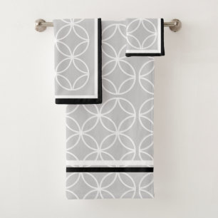 Circles petals diamonds black grey white bath towel set