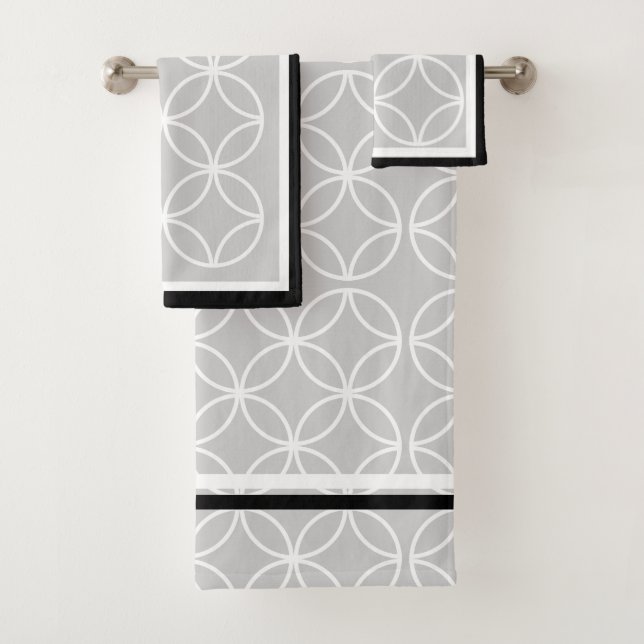 Circles petals diamonds black grey white bath towel set (Insitu)