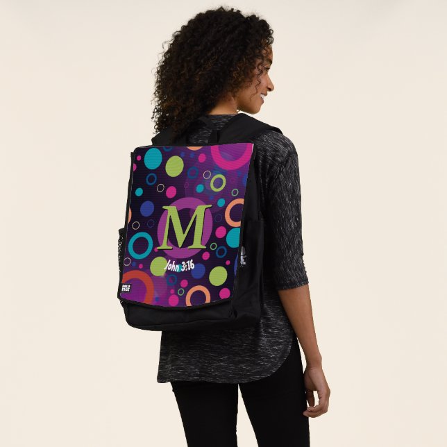 Circles Scripture Monogram Personalised Purple Backpack (Worn)