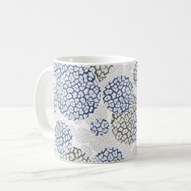 Circles with grey and blue leopard skin print  coffee mug (Front Left)