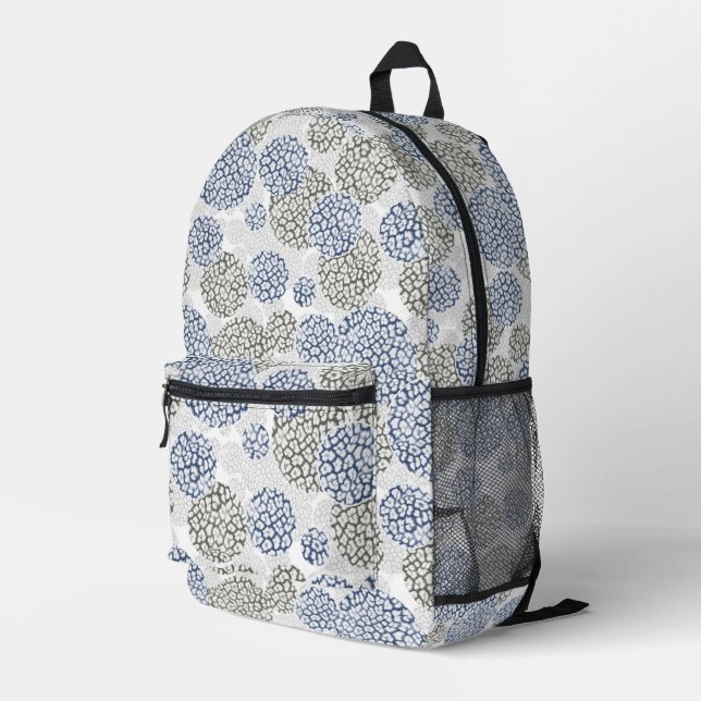 Circles with grey and blue leopard skin print  printed backpack (Back Corner Right)
