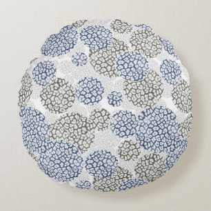 Circles with grey and blue leopard skin print round cushion