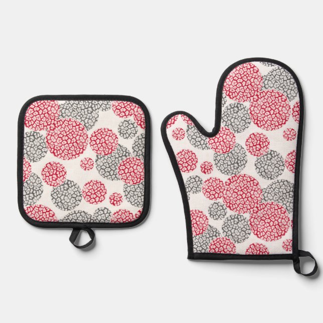  Circles with grey and red leopard skin print  Oven Mitt & Pot Holder Set (Front)