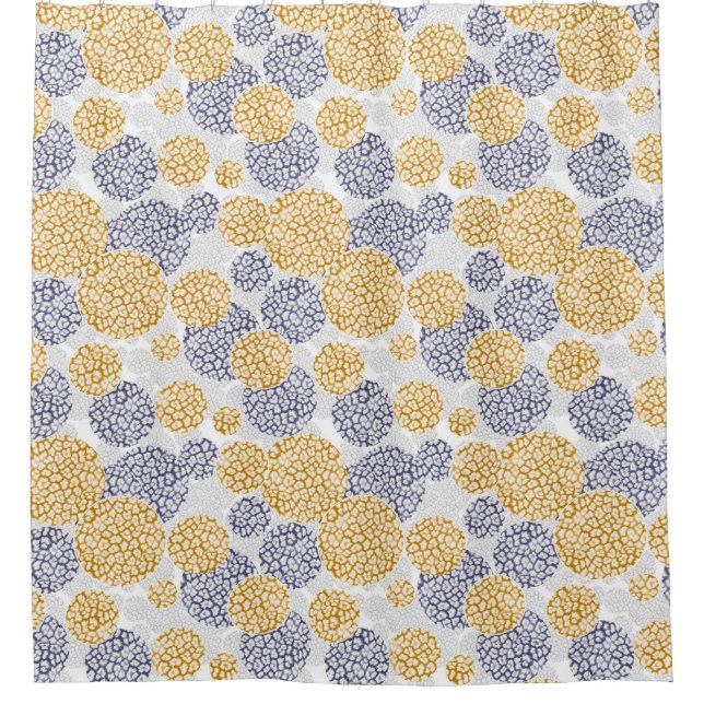 Circles with yellow and blue leopard skin print  shower curtain (Front)