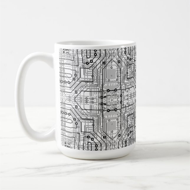 Circuit board black, white, silver coffee mug (Left)