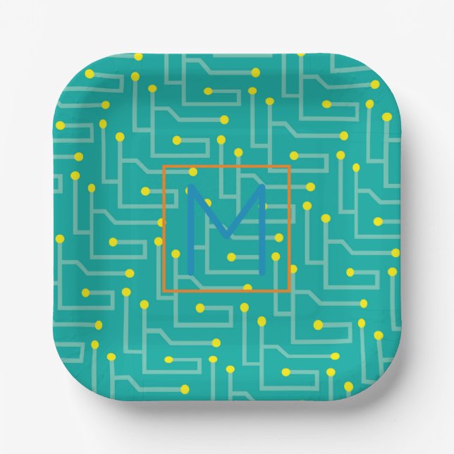 Circuit Board blue yellow orange Initial Kids Fun Paper Plate (Front)