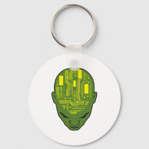 circuit board brain head yellow and green key ring