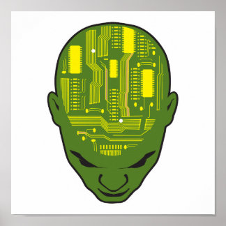 circuit board brain head yellow and green poster